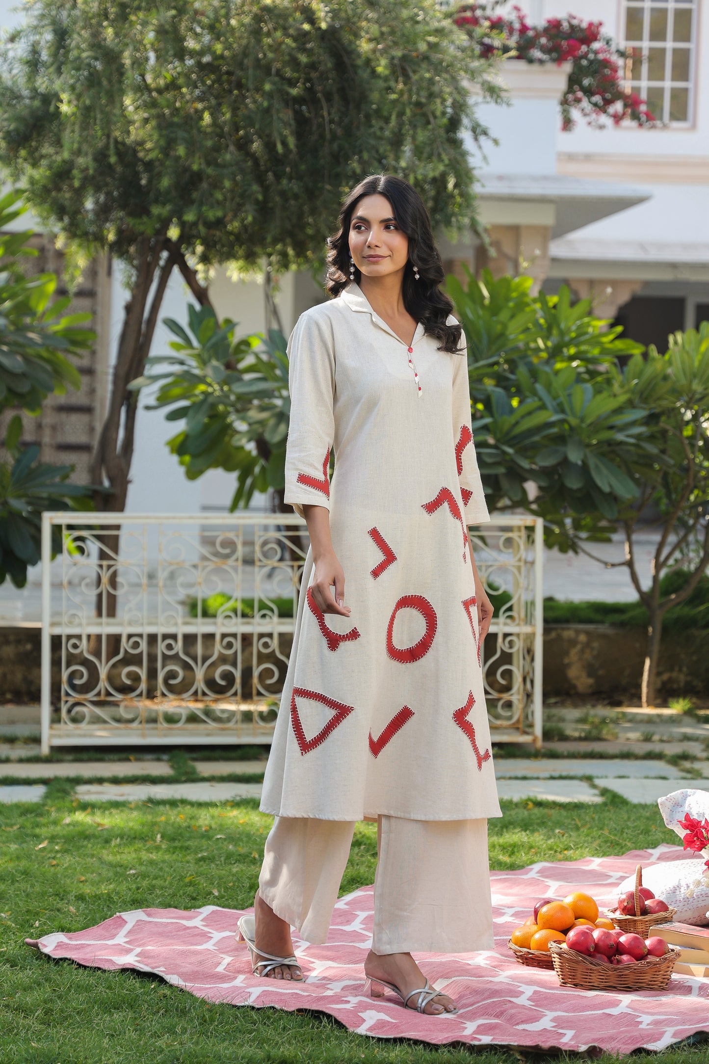Off White Solid Khadi Cotton Palazzo Suit Set