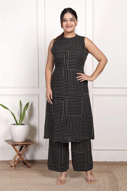 Contemporary Black Geometric Rayon Co-ord Set
