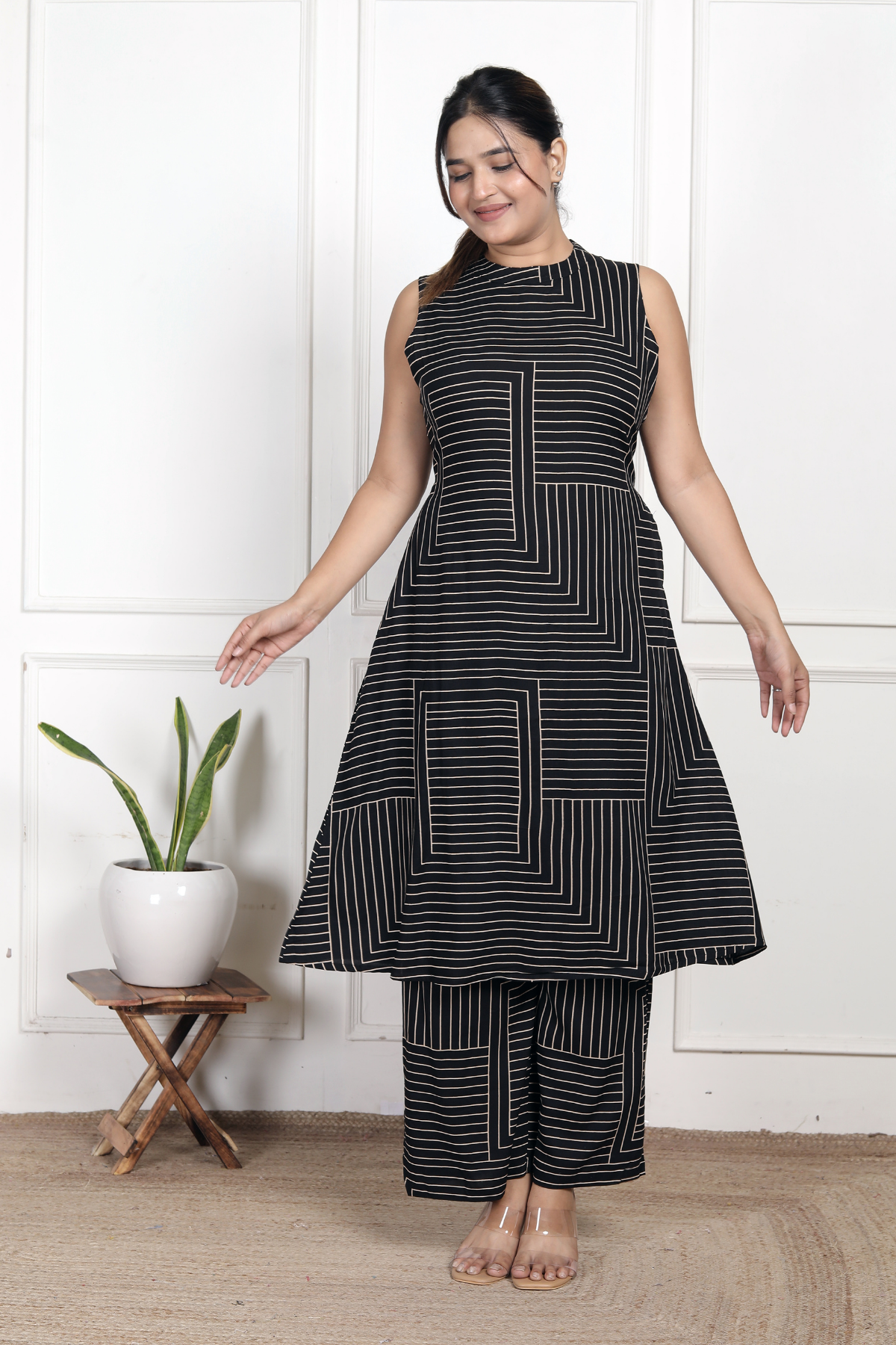 Contemporary Black Geometric Rayon Co-ord Set