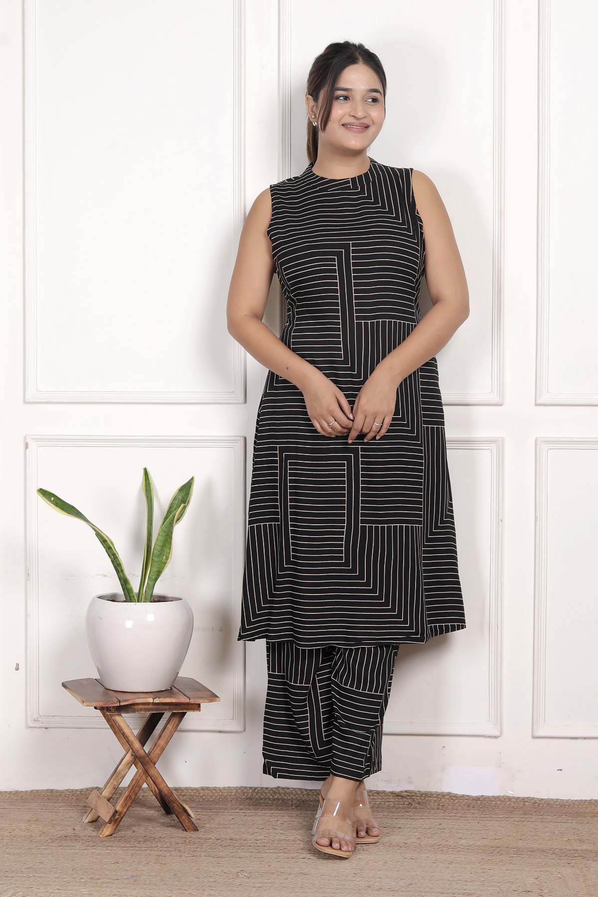 Contemporary Black Geometric Rayon Co-ord Set