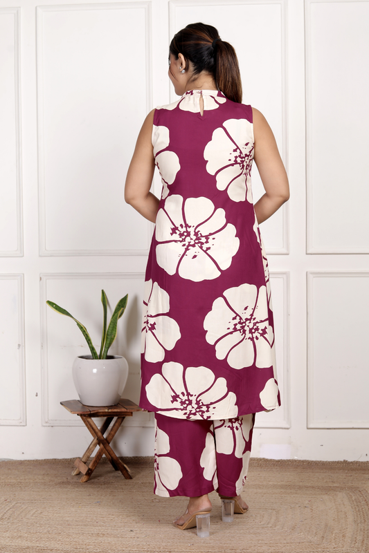 Vibrant Magenta Floral Rayon Co-ord Set
