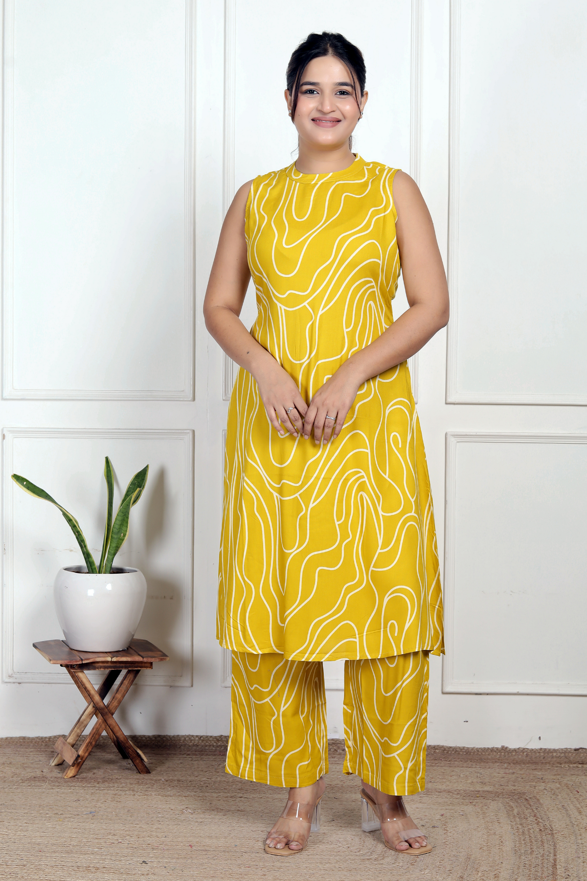 Sunny Yellow Abstract Rayon Co-ord Set