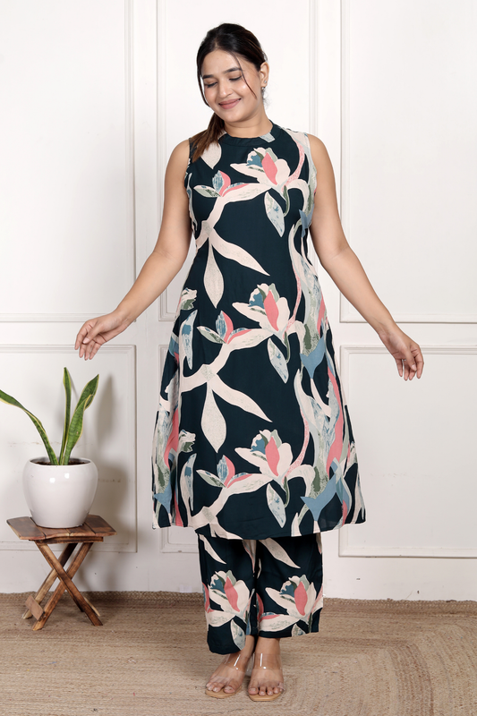 Versatile Navy Abstract Rayon Co-ord Set