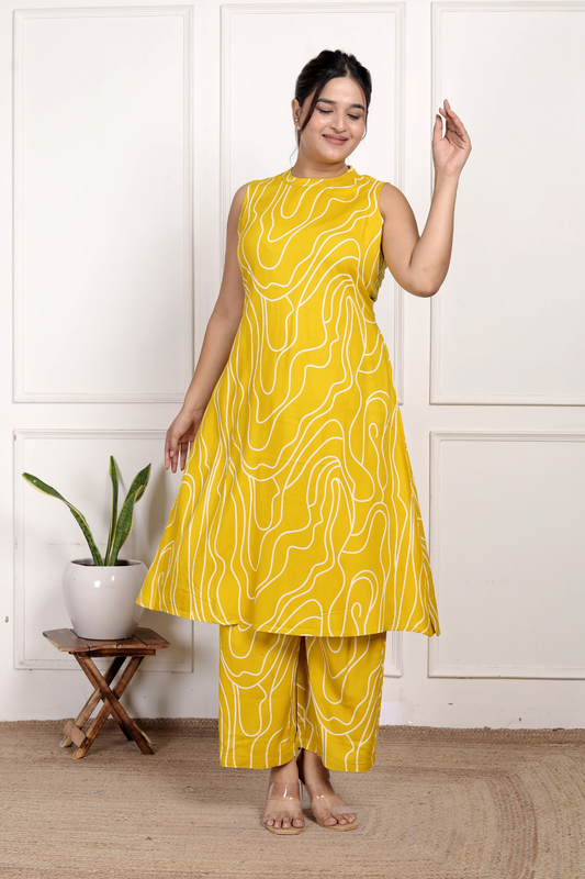 Sunny Yellow Abstract Rayon Co-ord Set