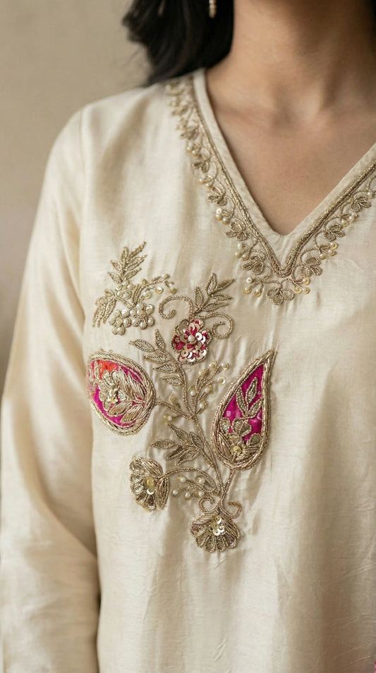 Chiku Coloured Silk Kurta Set with Hand Embroidered Gota Patti & Bandhani Dupatta