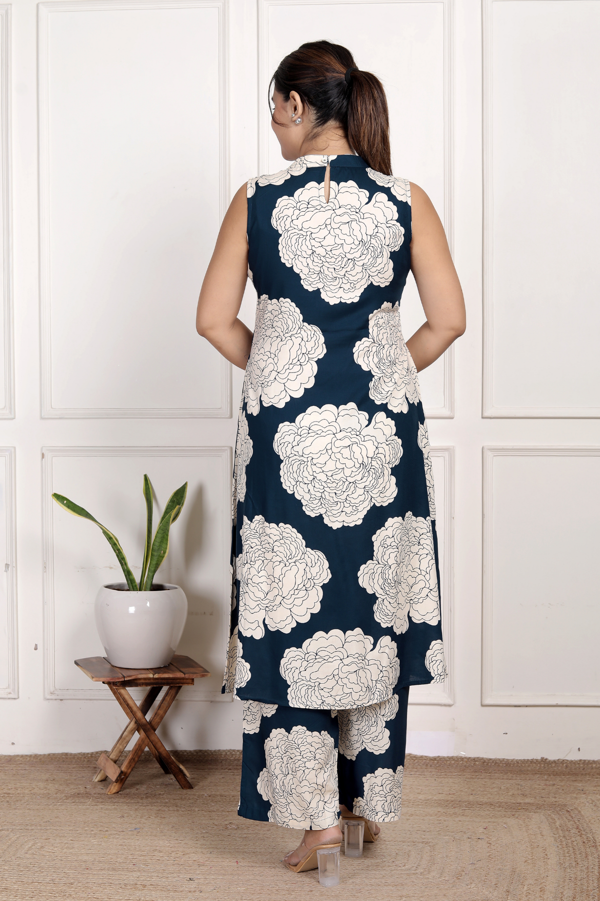 Classic Navy Blue Floral Rayon Co-ord Set