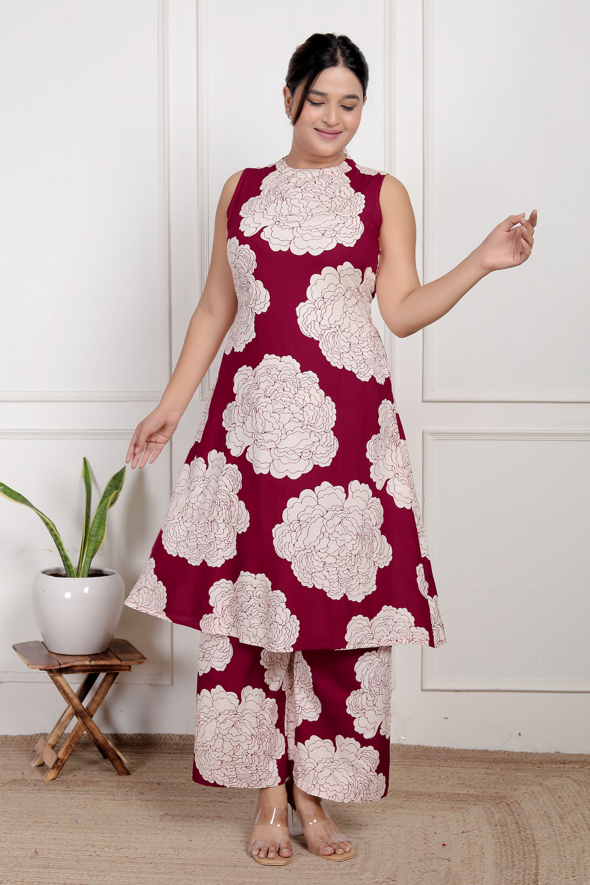 Elegant Maroon Floral Rayon Co-ord Set