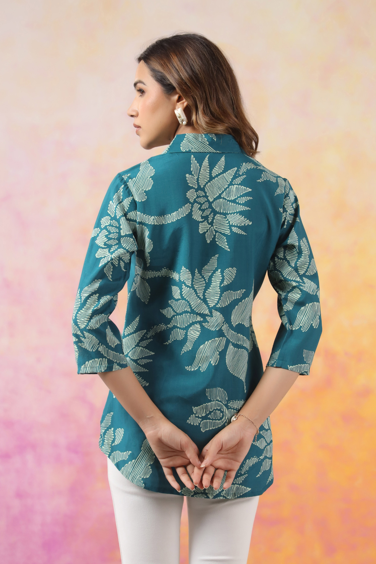 Light Green Floral Cotton Blend Short Kurti