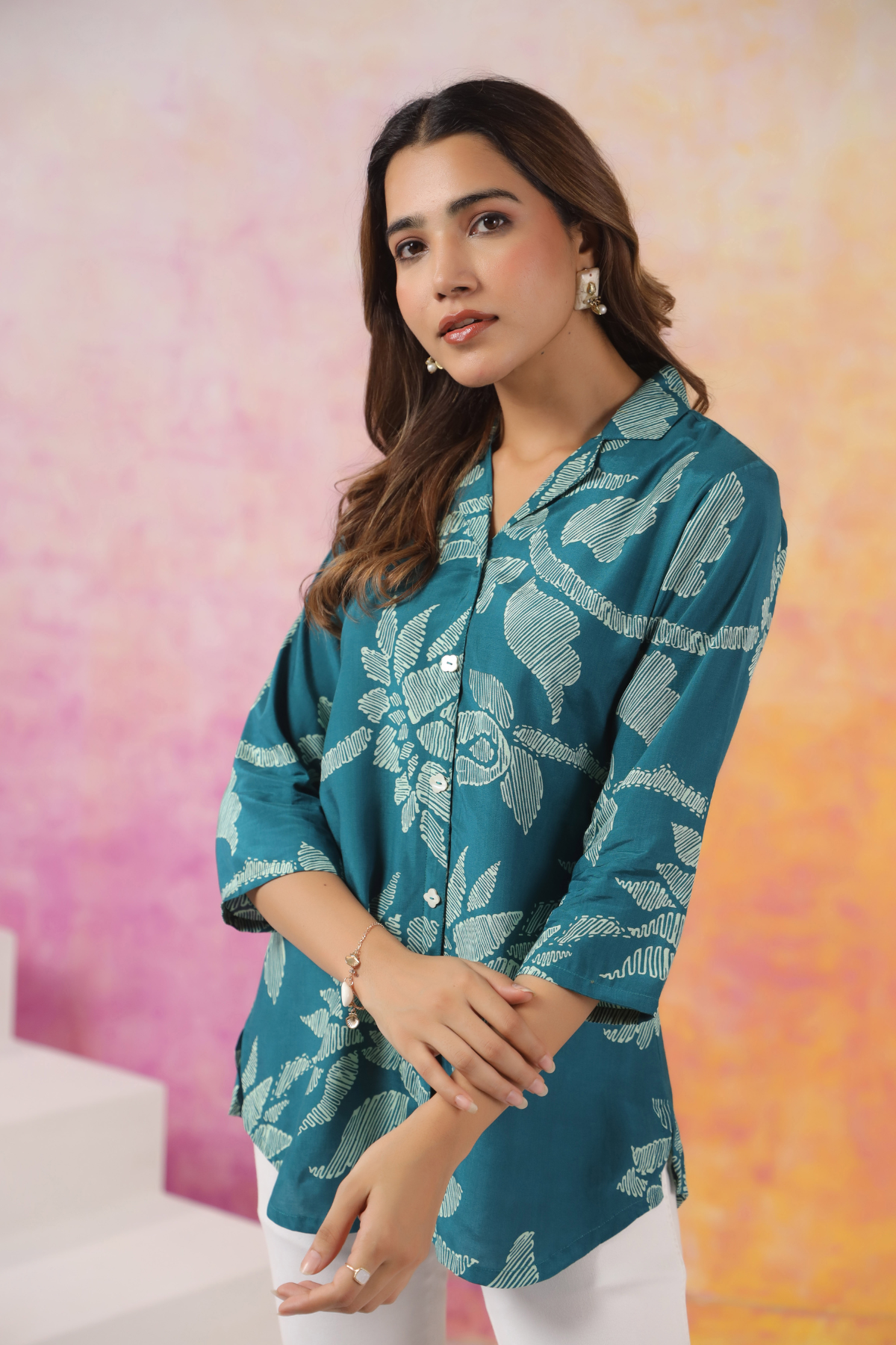 Light Green Floral Cotton Blend Short Kurti