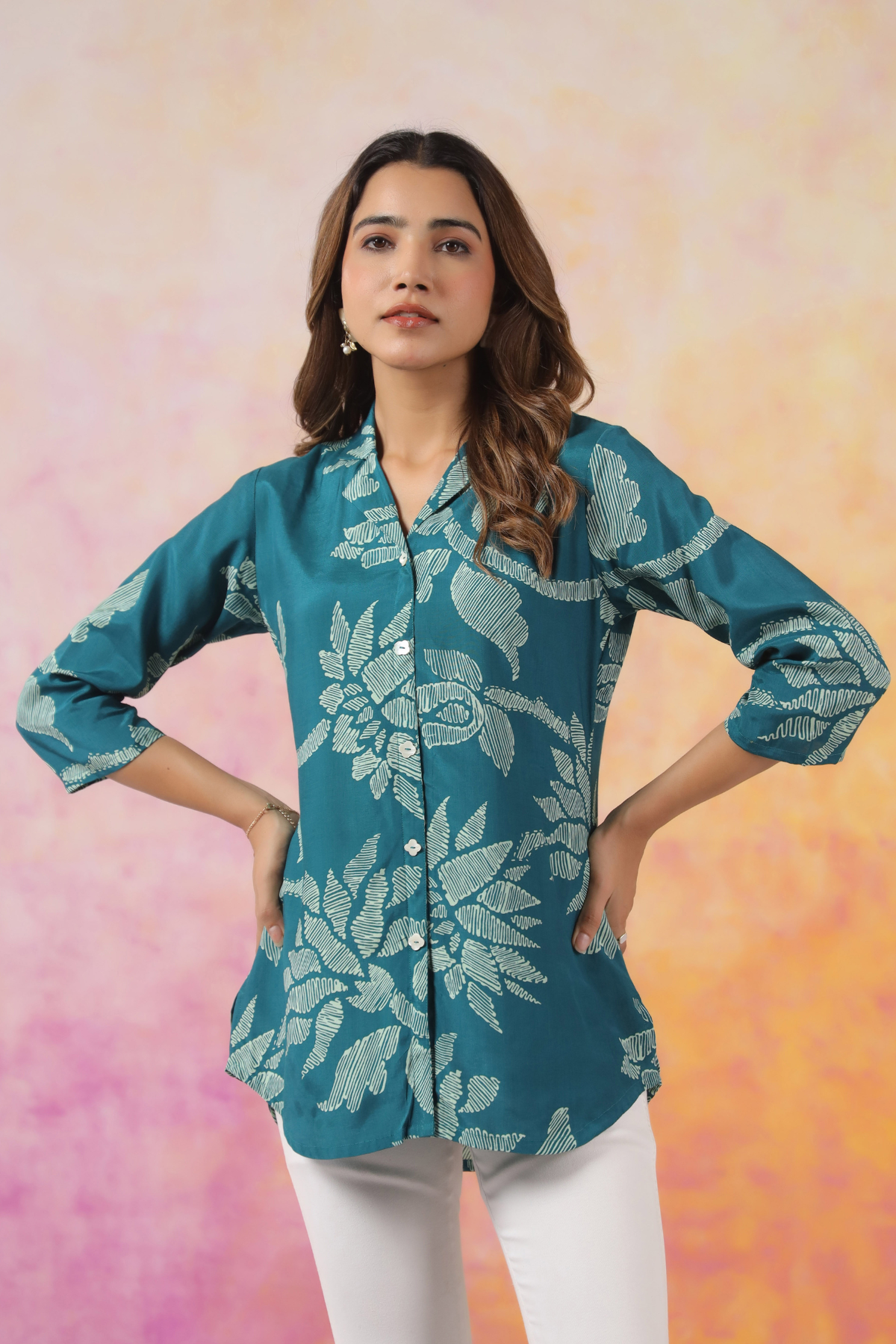 Light Green Floral Cotton Blend Short Kurti