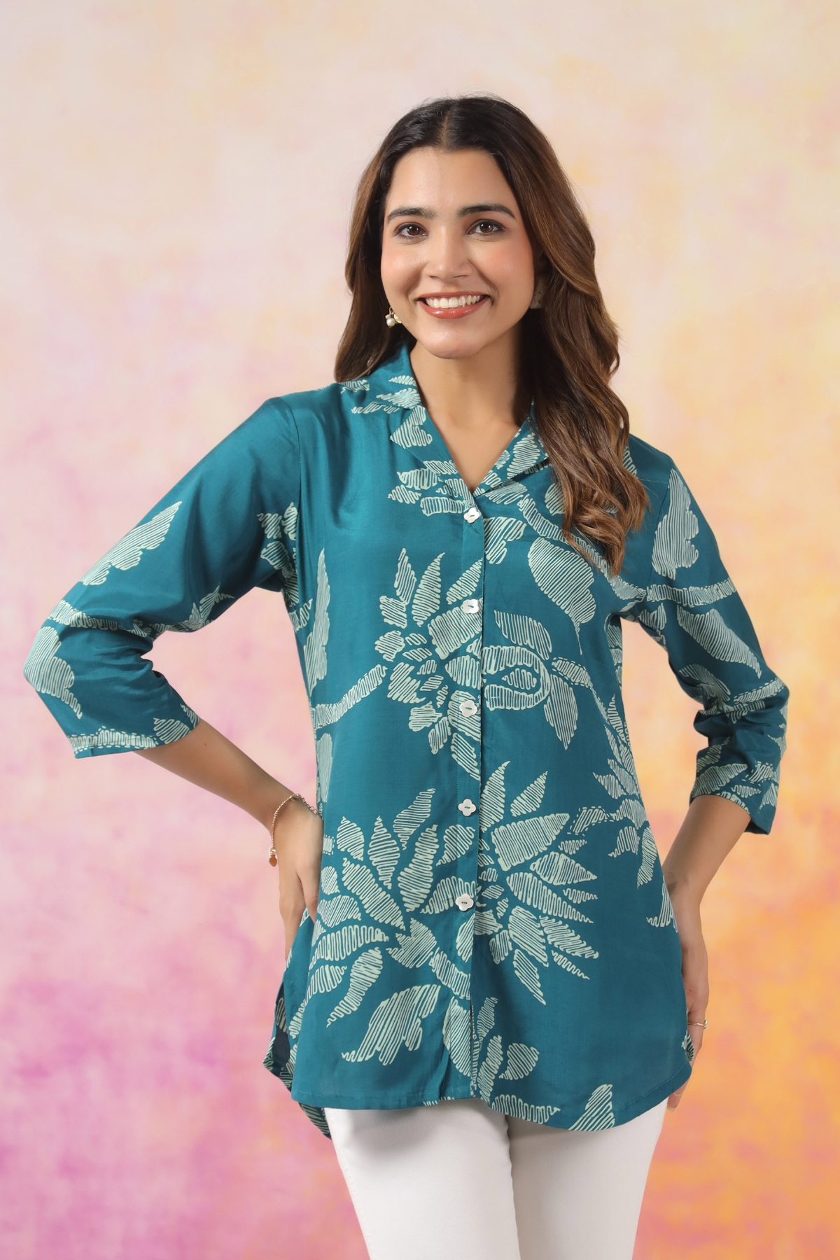 Light Green Floral Cotton Blend Short Kurti