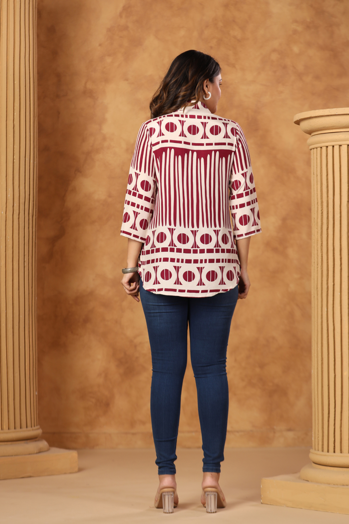 Maroon Geometric Cotton Blend Short Kurti