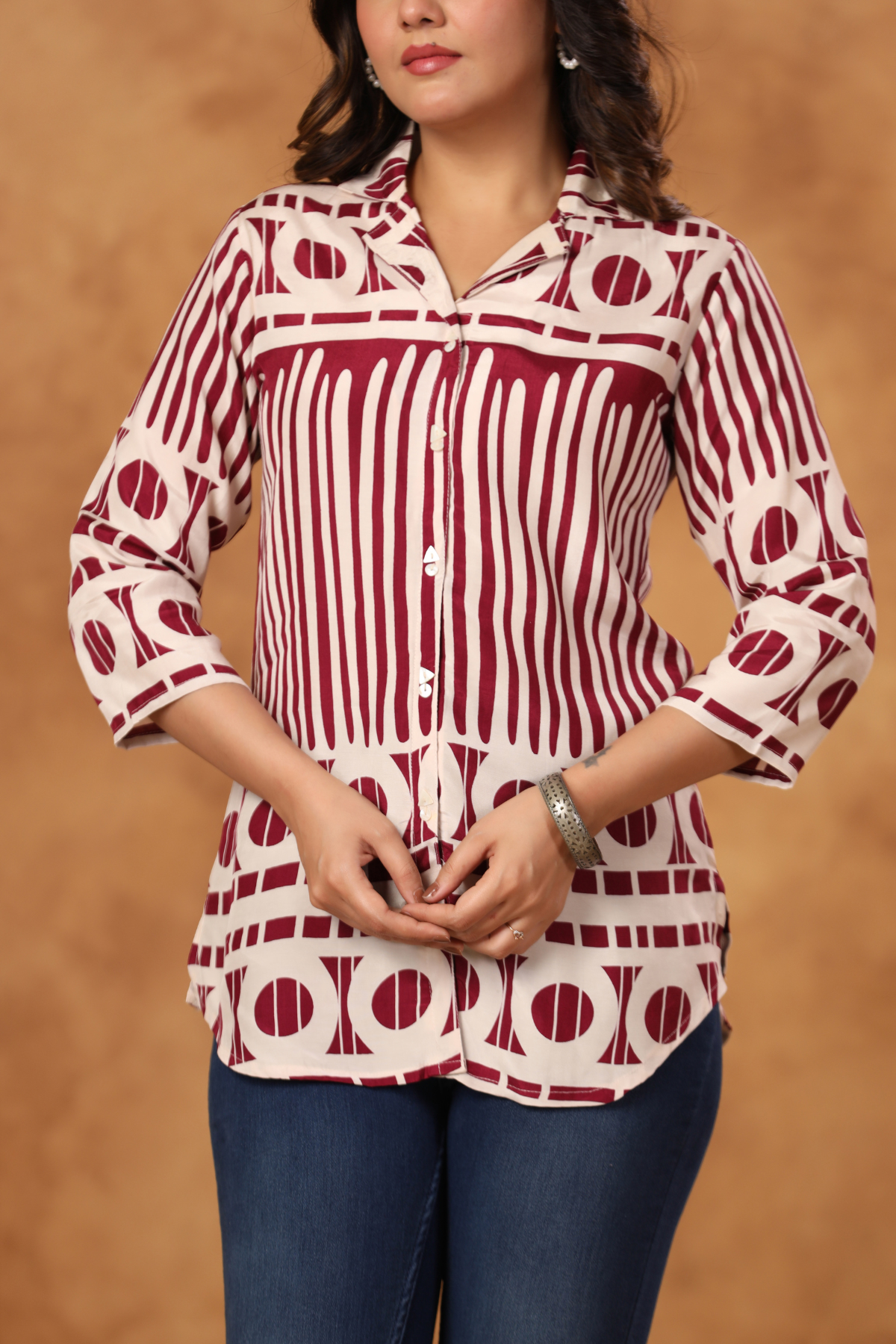 Maroon Geometric Cotton Blend Short Kurti