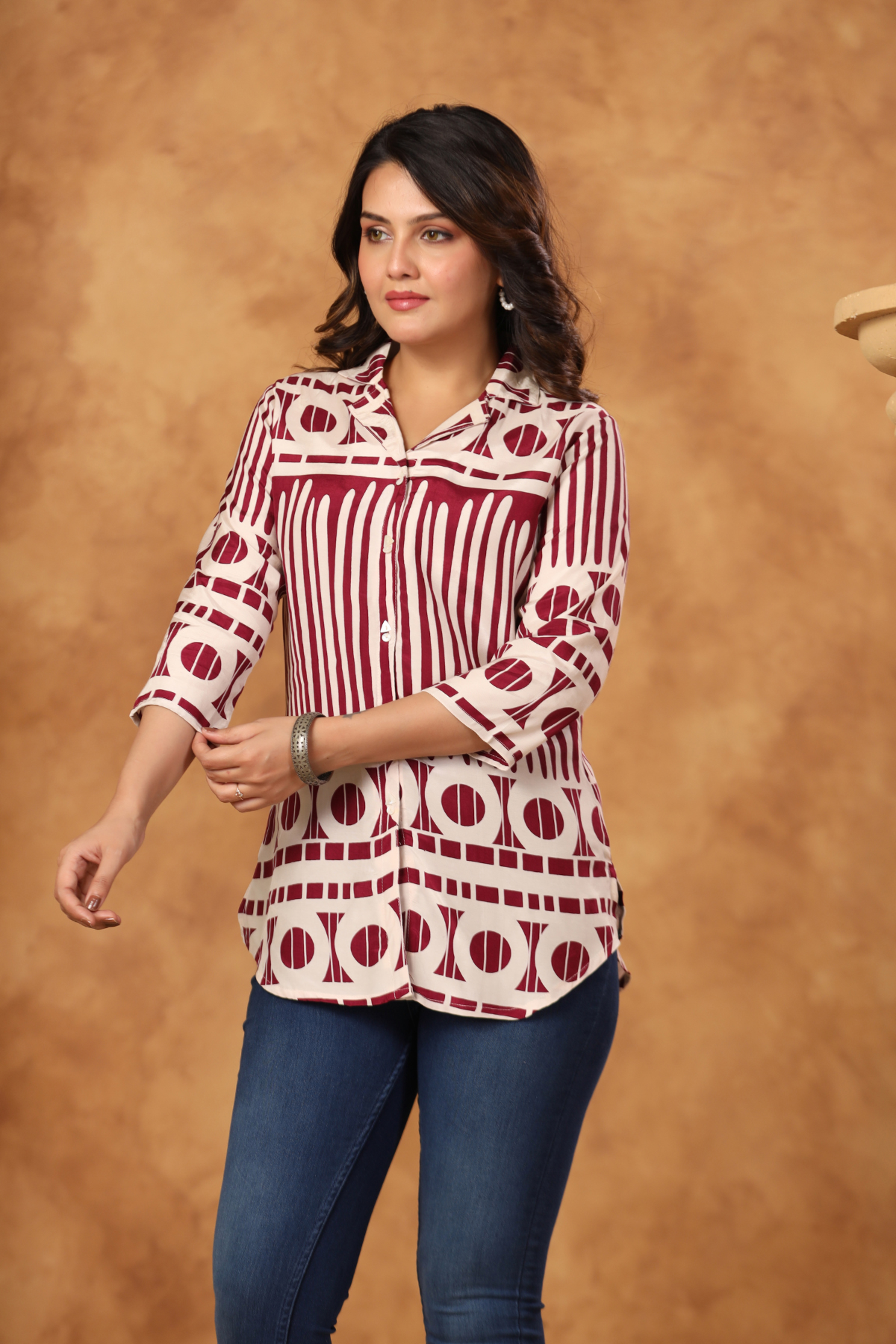 Maroon Geometric Cotton Blend Short Kurti