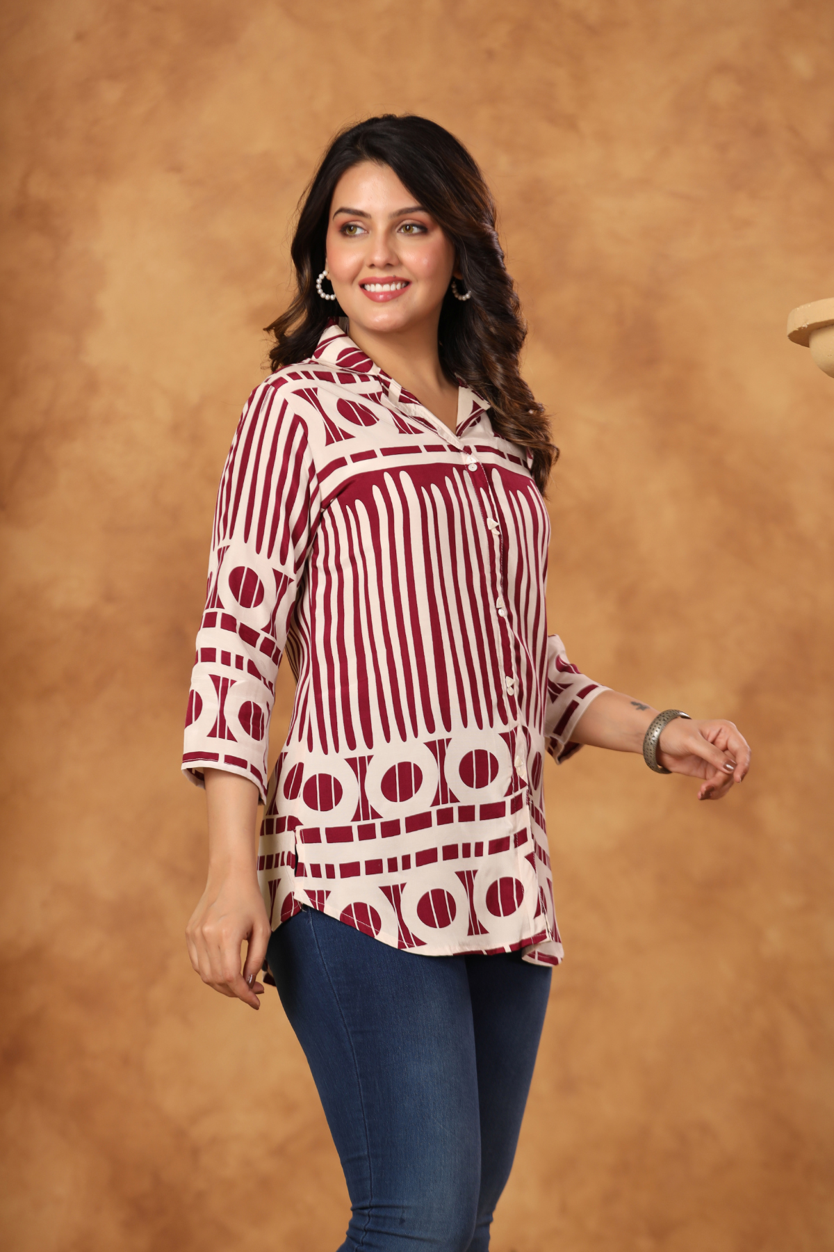 Maroon Geometric Cotton Blend Short Kurti