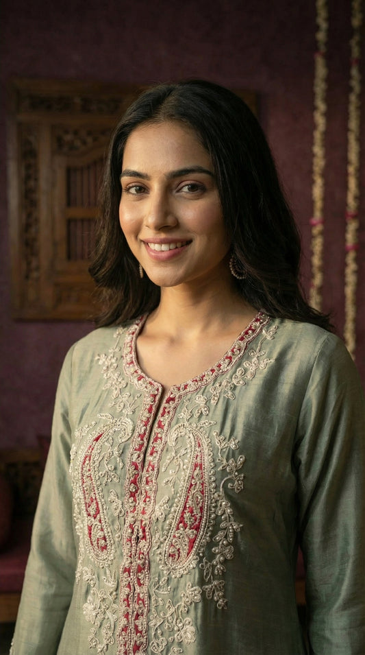 Pastel Green Dola Silk Co-ord Set with Applique Work