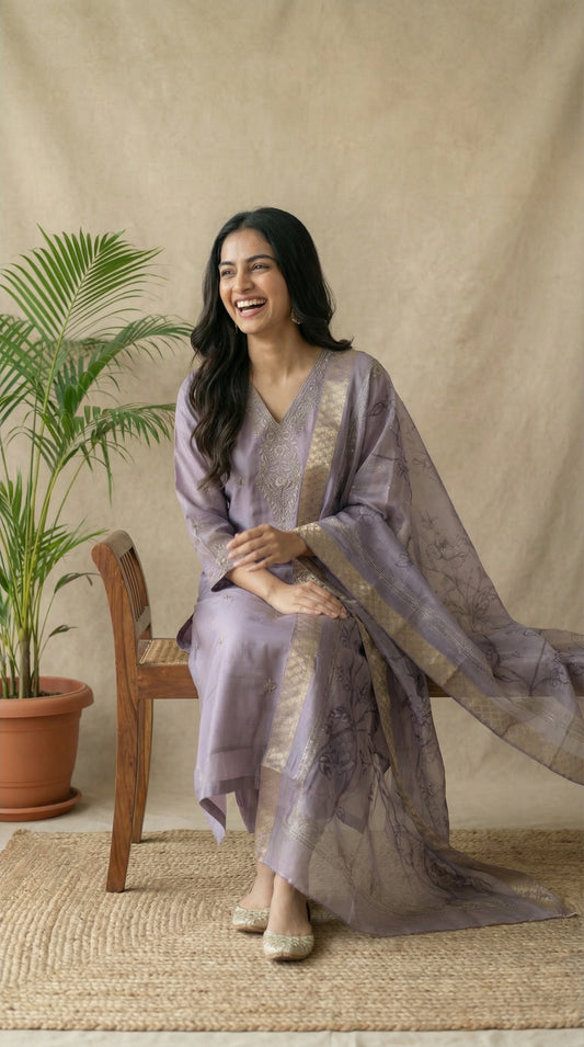 Lavender Silk Embroidered Kurta Set with Dupatta
