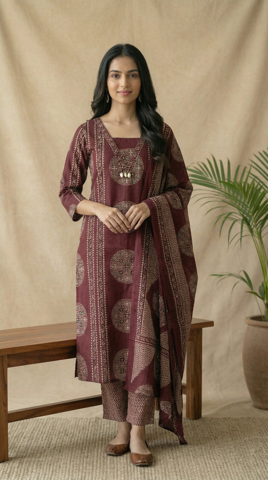 Maroon Printed Pure Cotton A-Line Kurta Set with Dupatta