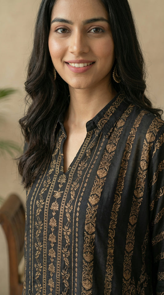 Black & Bronze Printed Russian Silk Co-ord Set