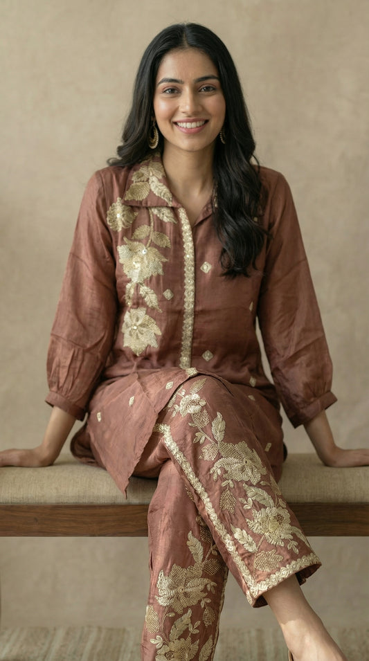 Chinon Silk Embroidered Co-ord Set in Rust Brown