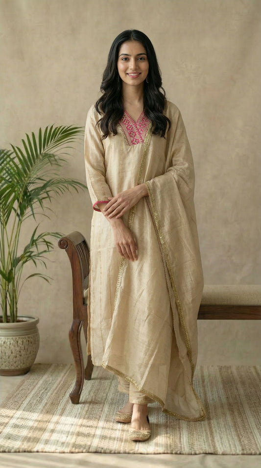 Ivory Shimmer Kurta Set with Embroidered Neckline