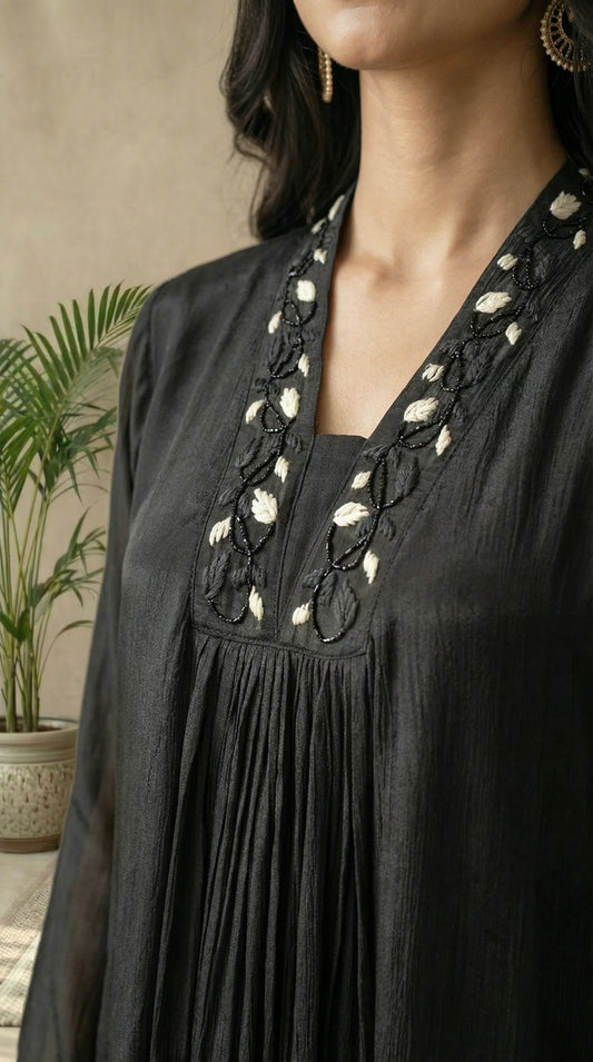 Black Chinon Embroidered Kurta Set with Dupatta