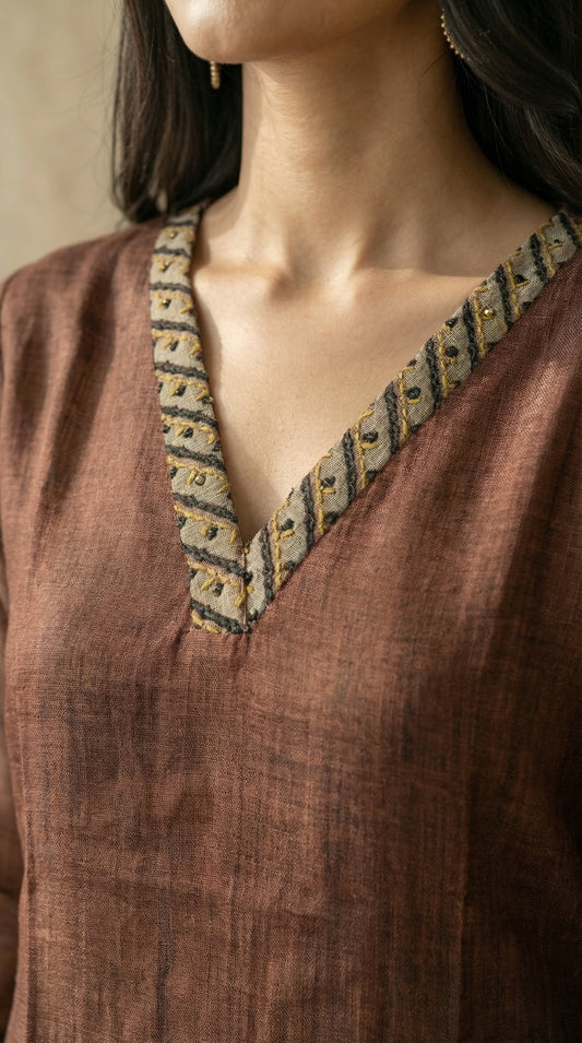 Brown Linen Printed Kurta Set with Dupatta