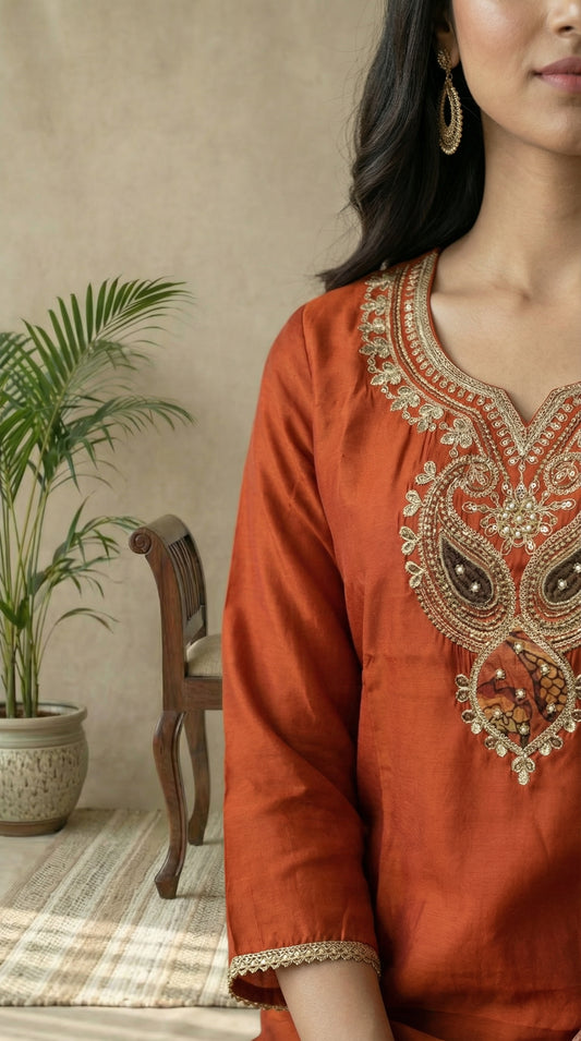 Rust Orange Embroidered Kurta Set with Printed Dupatta