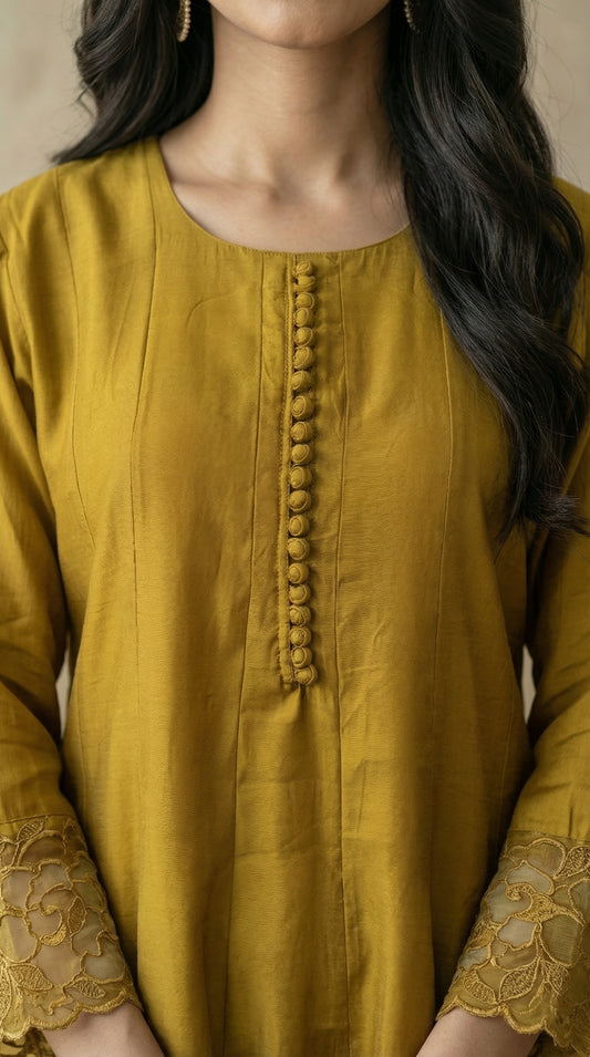 Mustard Yellow Rayon Anarkali Kurta Set with Embroidered Dupatta