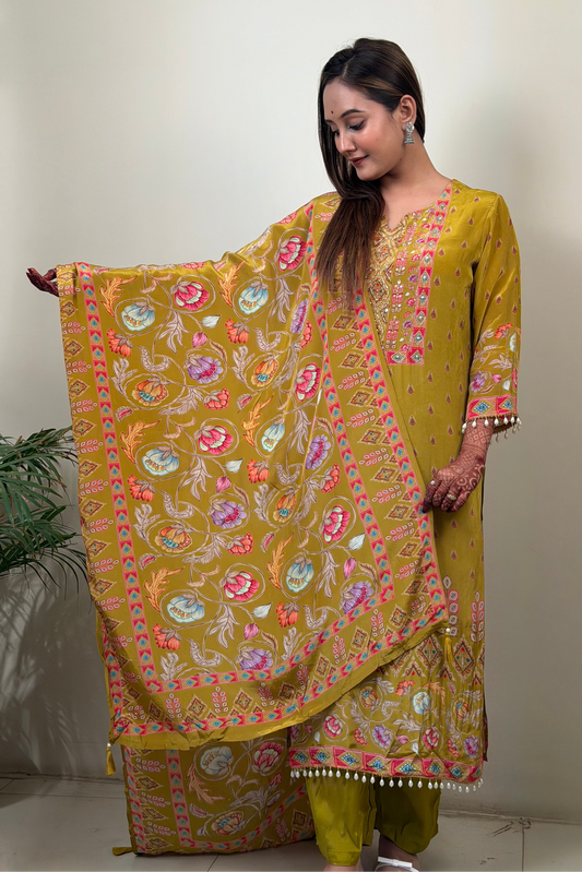 Woman wearing a yellow traditional outfit with a floral dupatta against a white background