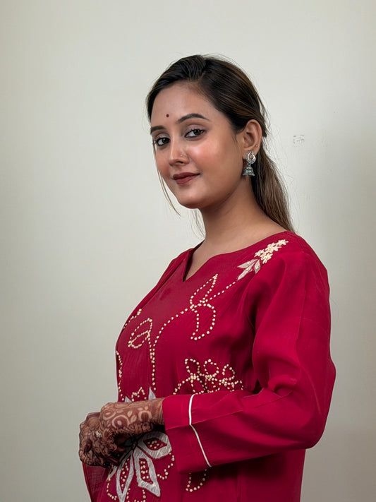 Maroon Floral Embroidered Kurta Set with Dupatta