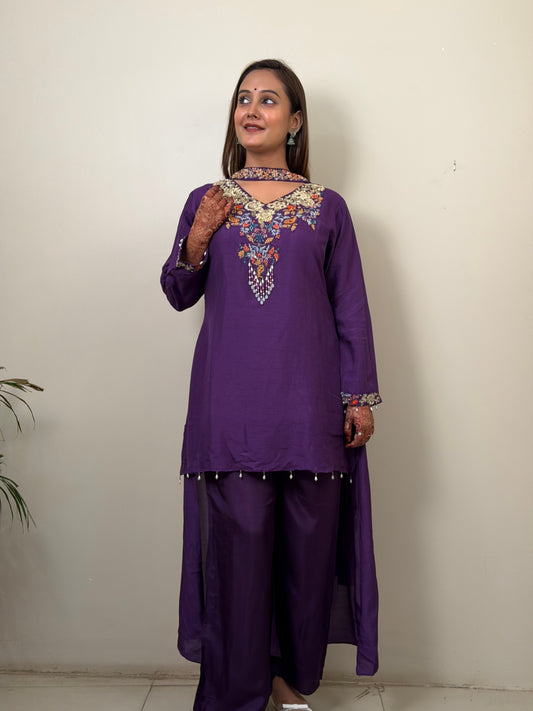 Purple Dola Silk Handwork Kurta Set with Designer Dupatta