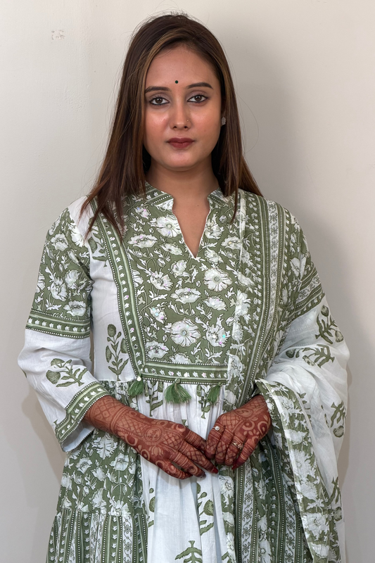 Green & White Printed Cotton Kurta Set with Dupatta
