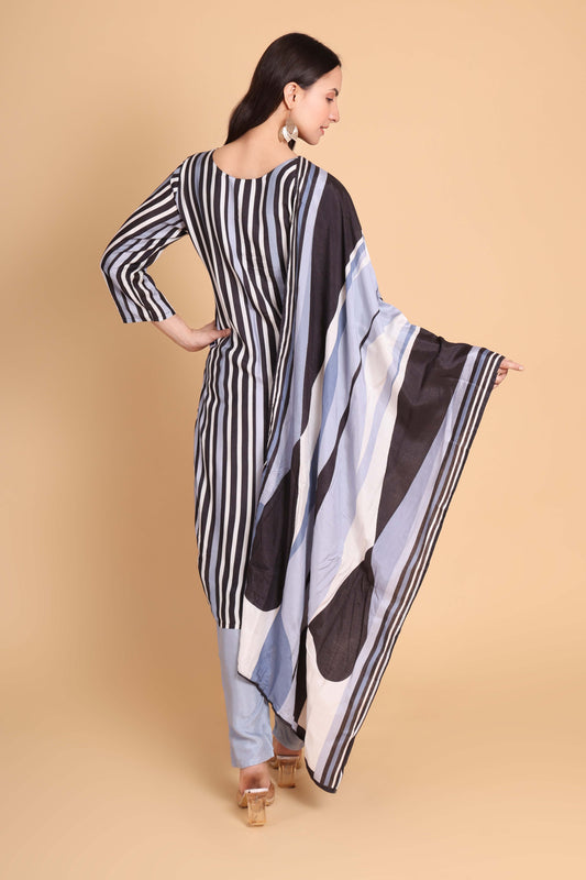 Muslin Printed Kurta Set with Embroidered Neck – Blue & Black