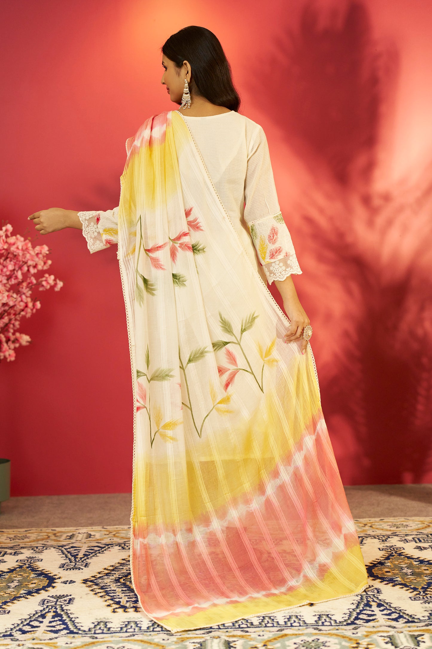 Off White Lace Straight Pant Suit Set with Embroidery