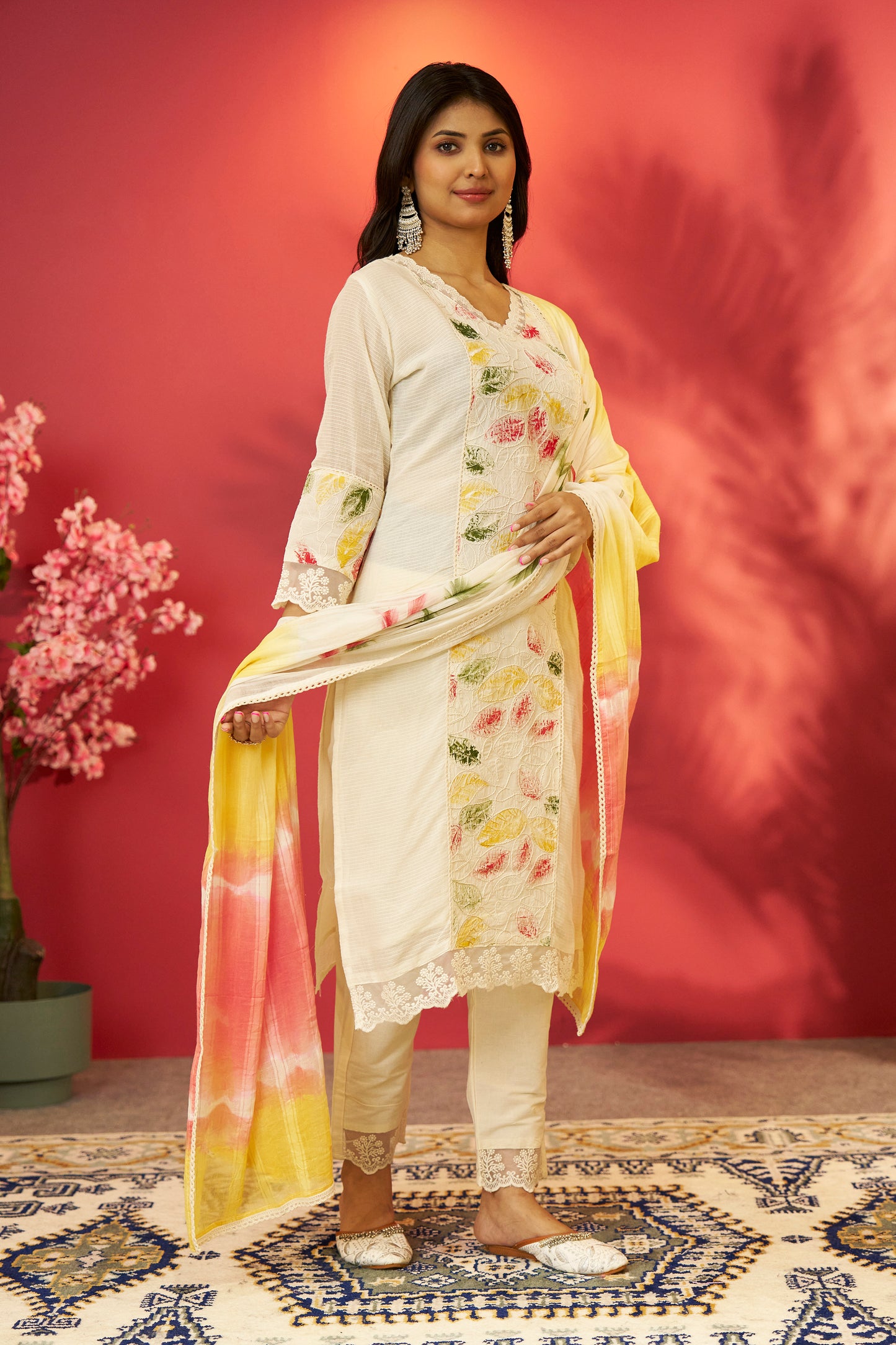 Off White Lace Straight Pant Suit Set with Embroidery