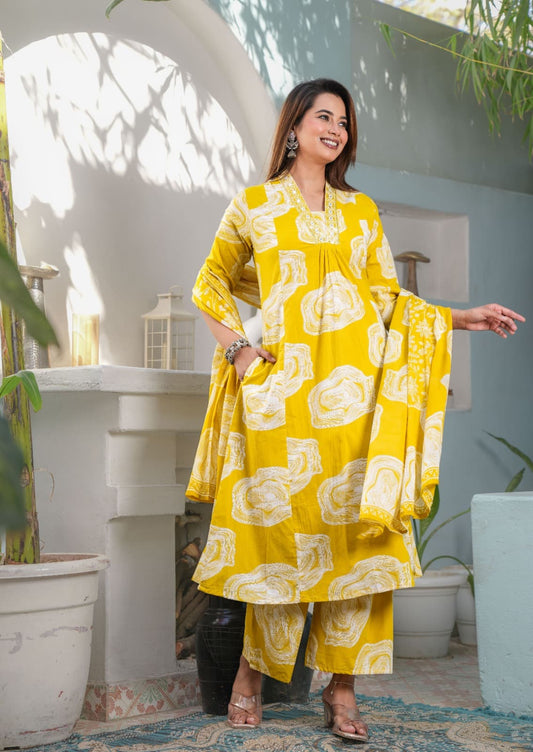 Yellow Abstract Palazzo Suit Set