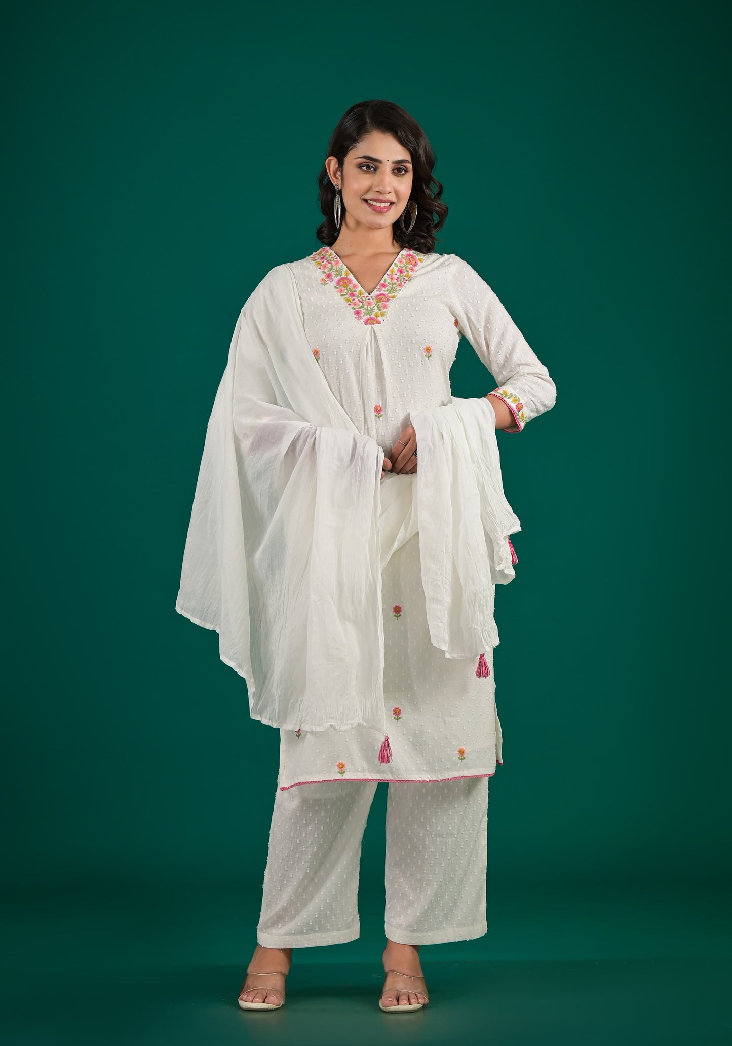 White Solid Straight Pant Suit Set with Border Patch