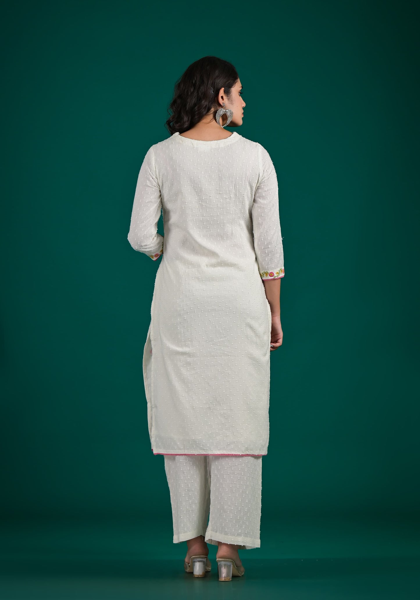 White Solid Straight Pant Suit Set with Border Patch