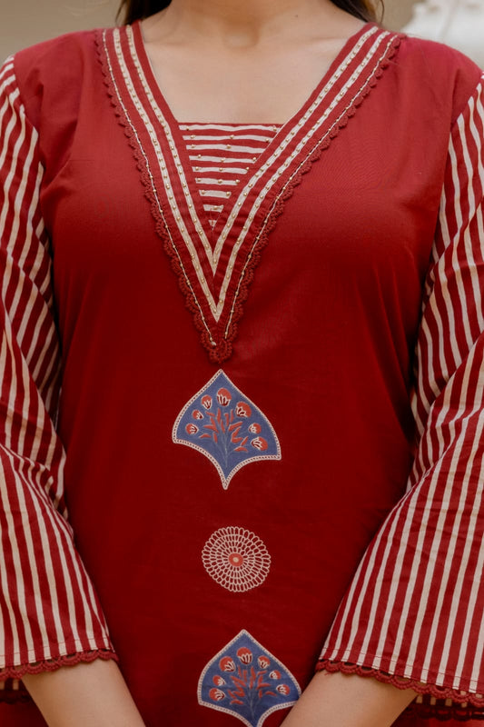 Maroon Block Straight Pant Suit Set with Border Patch