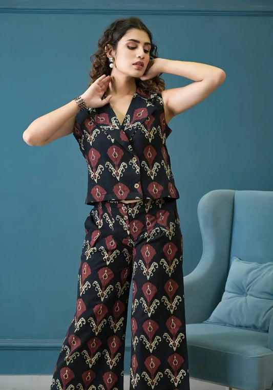 Black Ikat Palazzo Co-ord Set with Double Pocket