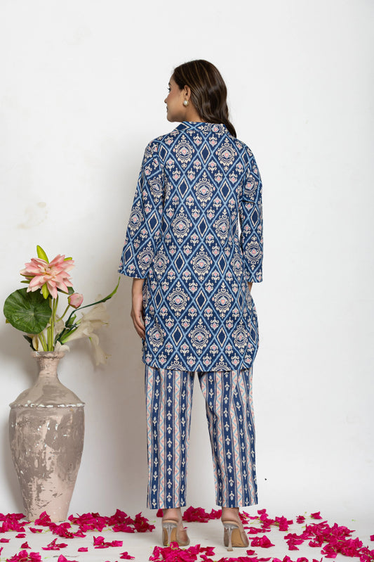 Navy Blue Abstract Palazzo Suit Set with Tassels