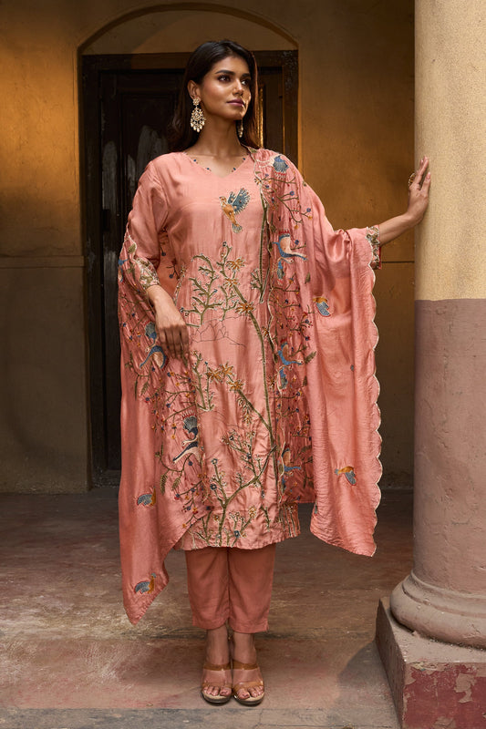 Peach Embroidered Muslin Straight Pant Suit Set