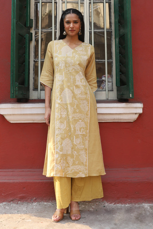 Mustard Yellow Embroidered Mul Cotton Palazzo Suit Set