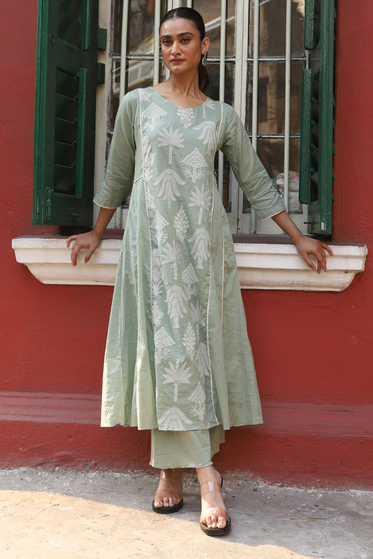 Mint Green Embroidered Mul Cotton Palazzo Suit Set