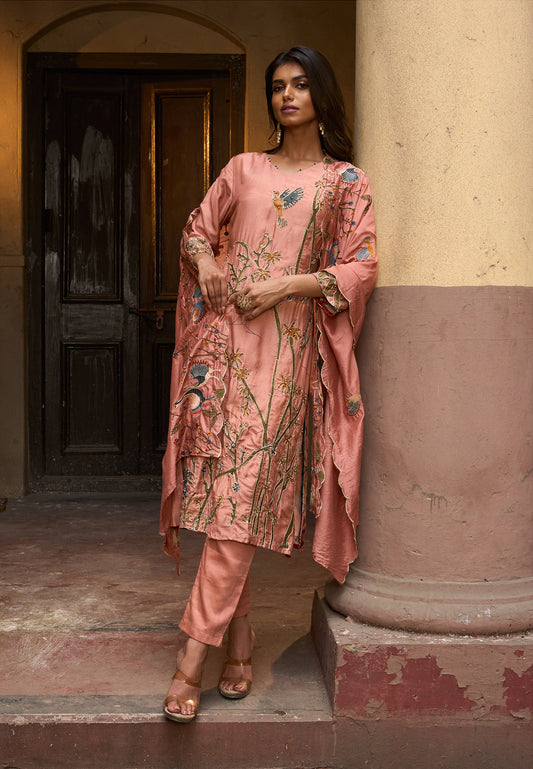 Peach Embroidered Muslin Straight Pant Suit Set