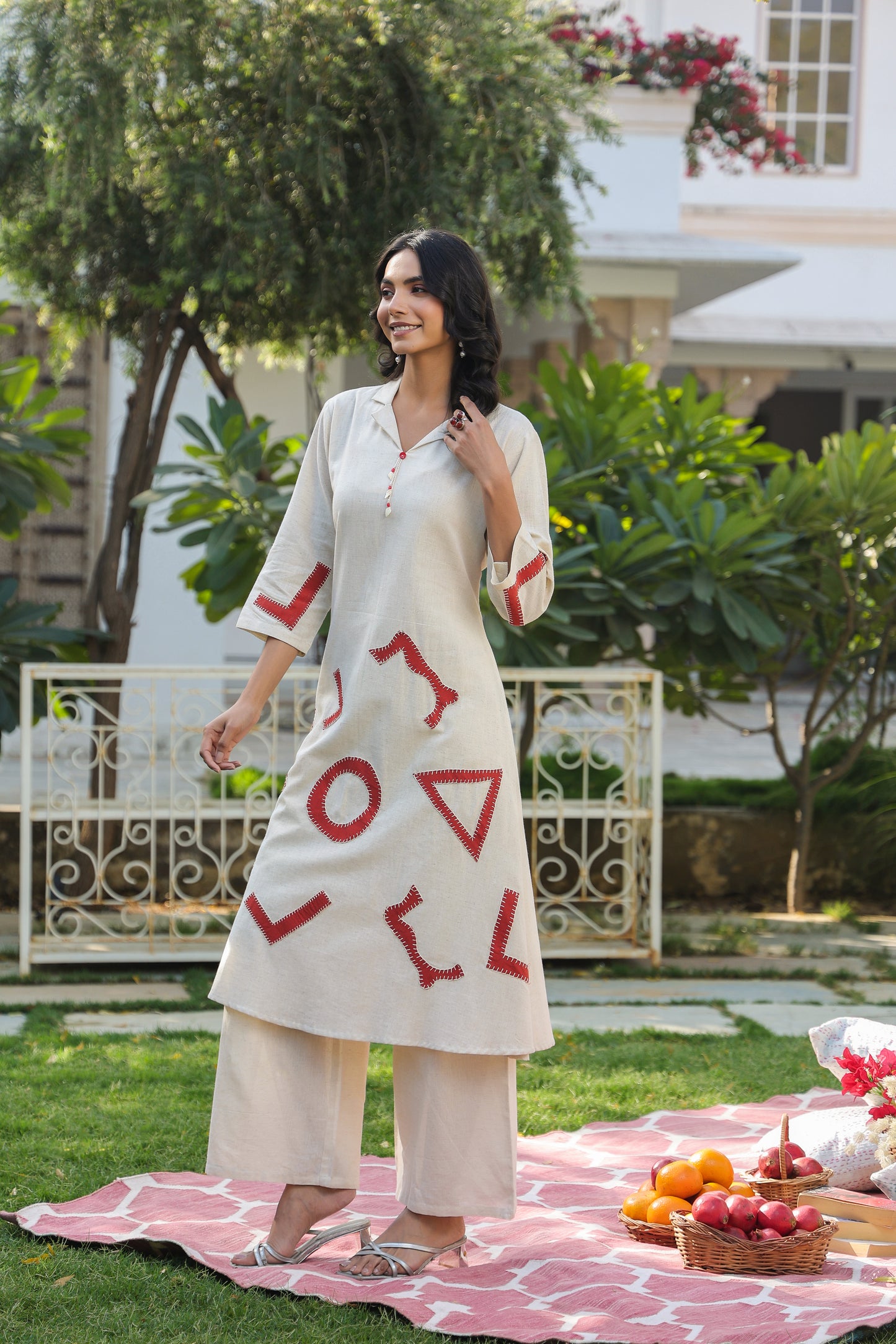 Off White Solid Khadi Cotton Palazzo Suit Set