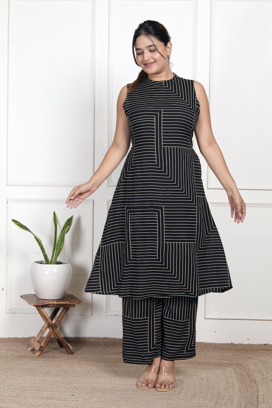 Contemporary Black Geometric Rayon Co-ord Set