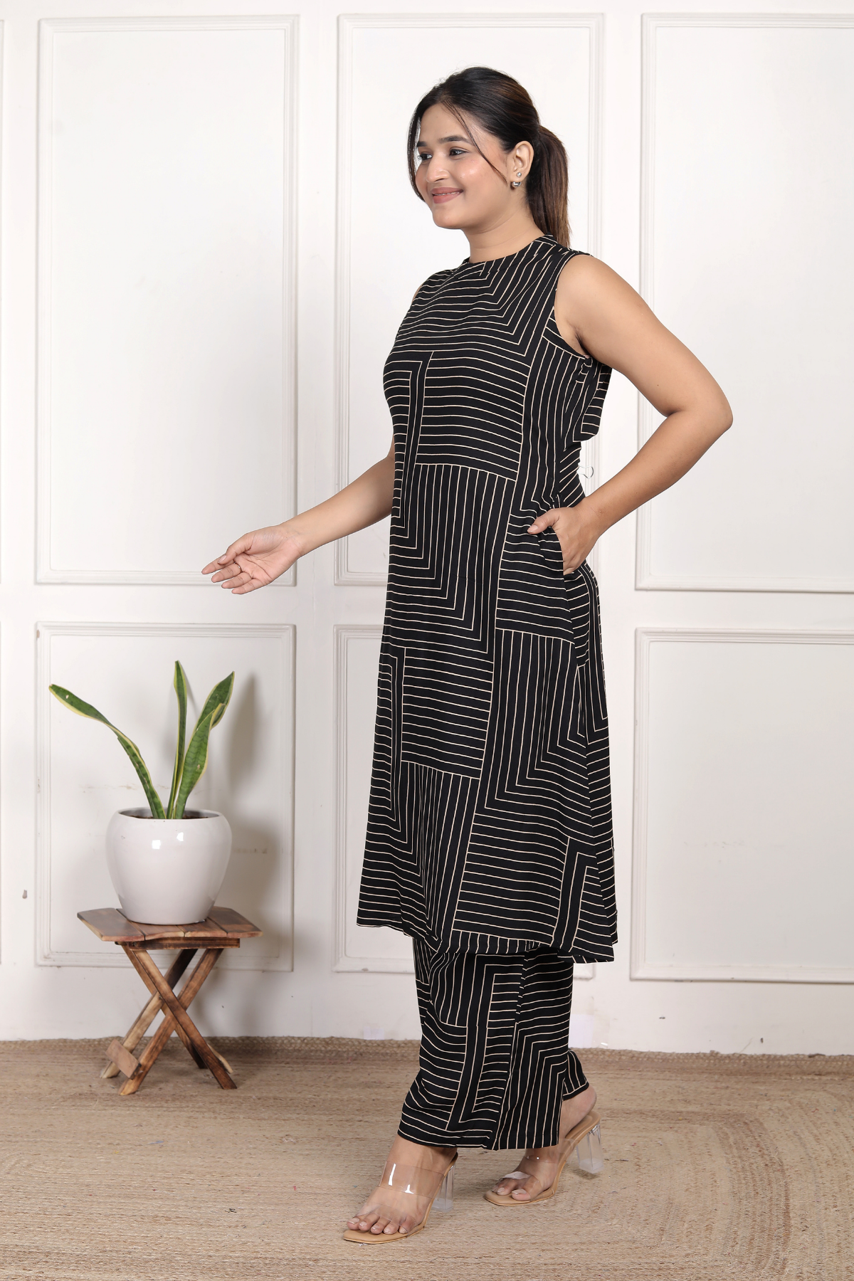 Contemporary Black Geometric Rayon Co-ord Set