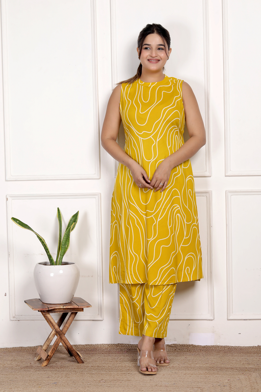 Sunny Yellow Abstract Rayon Co-ord Set
